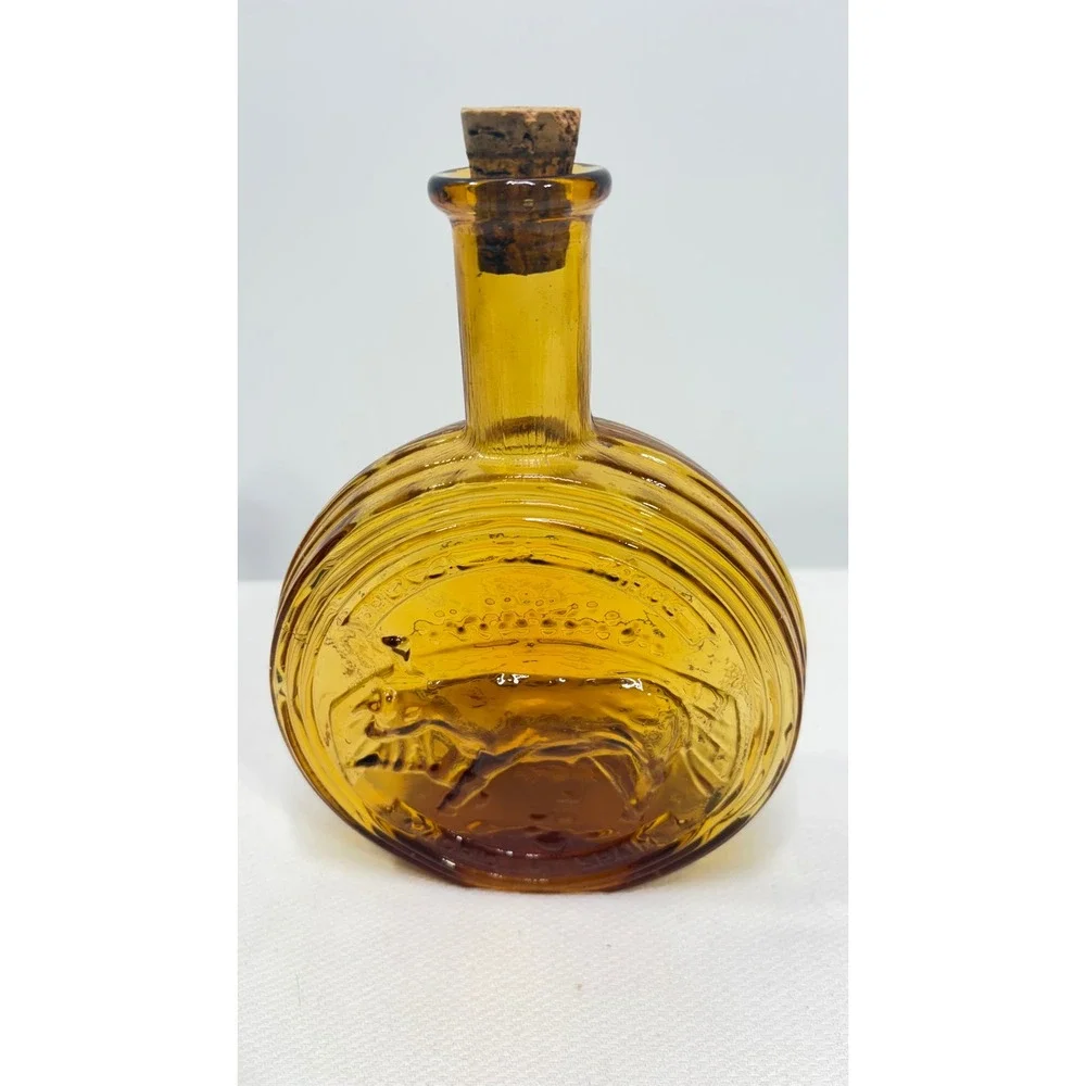 Vintage Amber Glass Bull Decanter Made in Italy Cork Stopper Round Bottle 8.5in